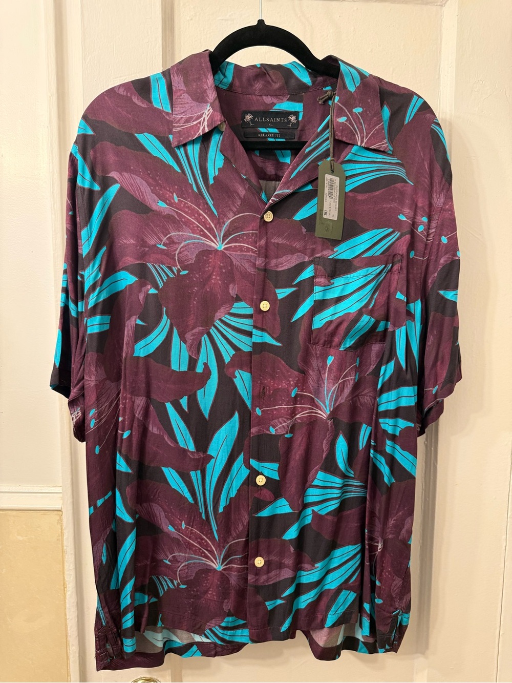 All Saints Men’s Purple and Teal Floral Button-Up Shirt